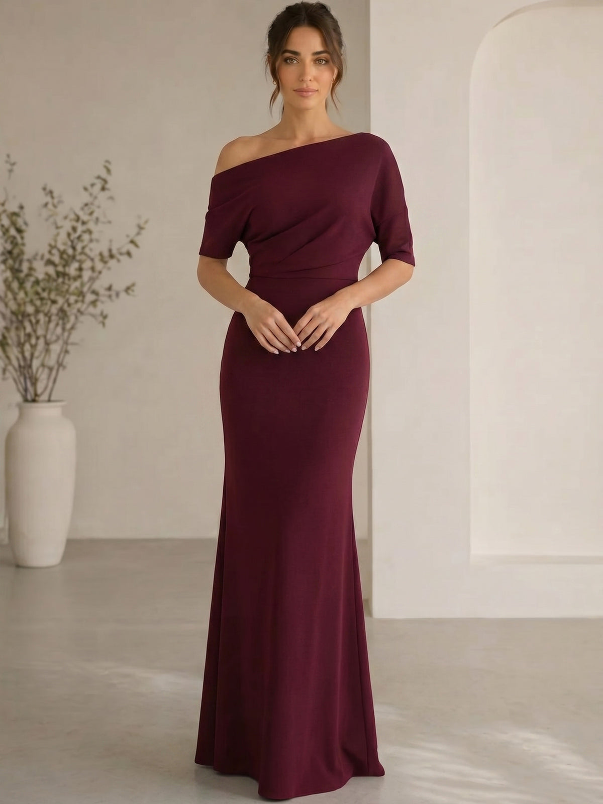 Nafori Burgundy Mermaid/Trumpet Mother Of The Bride Dresses Stretch Satin Floor-length Off-the-Shoulder Half Sleeves Burgundy Ruched Formal Evening