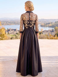 A-Line/Princess Mother Of The Bride Dresses Satin Floral Embroidery 3/4 Sleeves V Neck Floor-Length Pleated Wedding Guest Dress