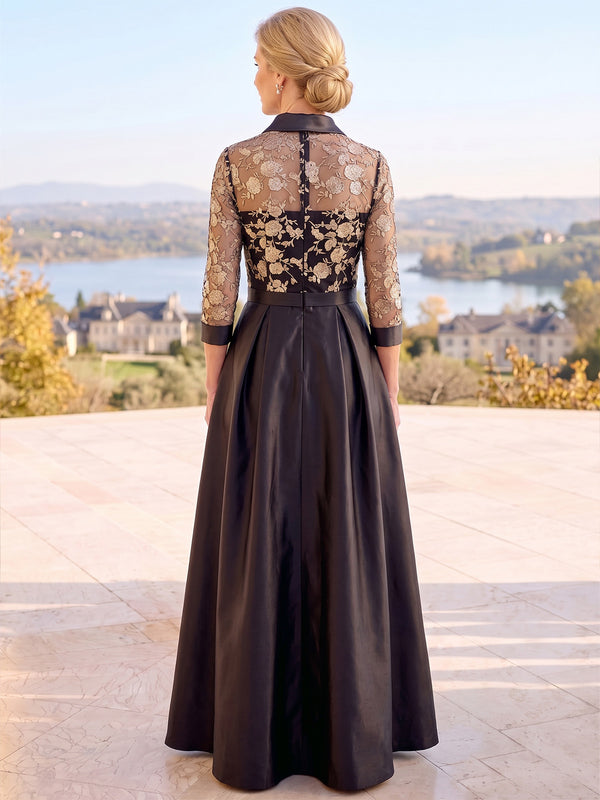 A-Line/Princess Mother Of The Bride Dresses Satin Floral Embroidery 3/4 Sleeves V Neck Floor-Length Pleated Wedding Guest Dress