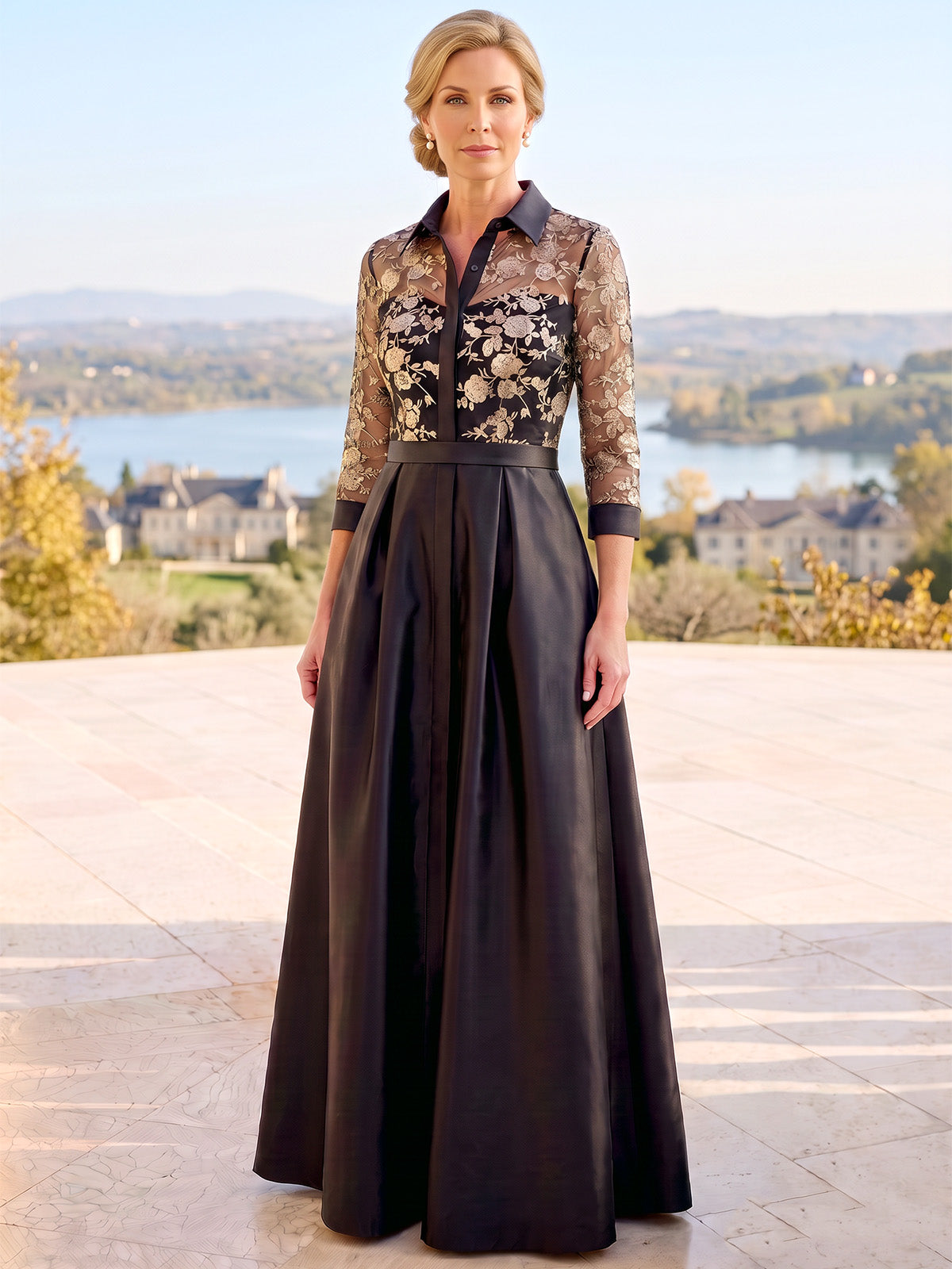 A-Line/Princess Mother Of The Bride Dresses Satin Floral Embroidery 3/4 Sleeves V Neck Floor-Length Pleated Wedding Guest Dress