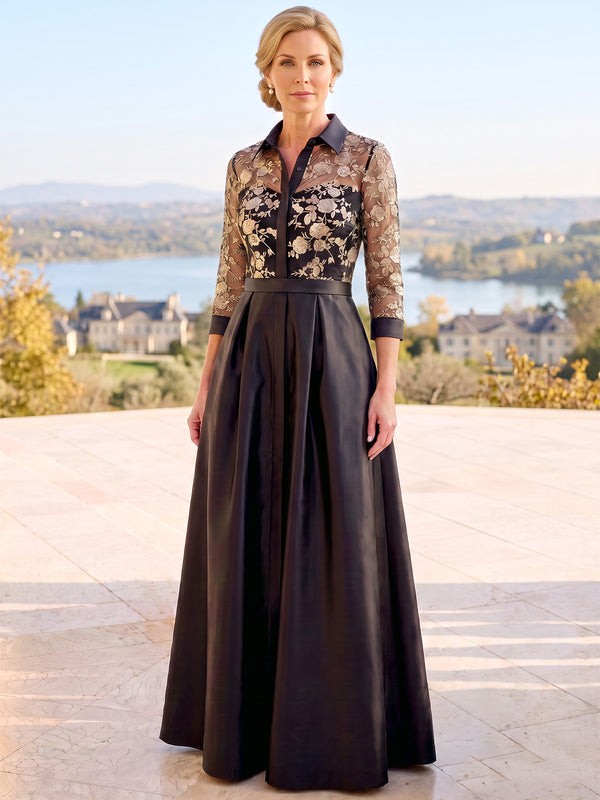 A-Line/Princess Mother Of The Bride Dresses Satin Floral Embroidery 3/4 Sleeves V Neck Floor-Length Pleated Wedding Guest Dress