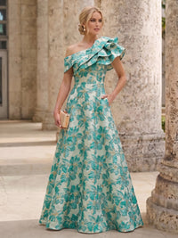 A-Line Mother Of The Bride Dresses Elegant Jacquard Floral Dress Floor Length With Shoulder Flower Short Sleeves One Shouldr Pocket Pink