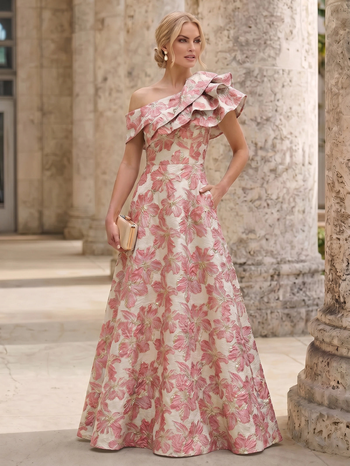 A-Line Mother Of The Bride Dresses Elegant Jacquard Floral Dress Floor Length With Shoulder Flower Short Sleeves One Shouldr Pocket Pink