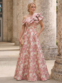 A-Line Mother Of The Bride Dresses Elegant Jacquard Floral Dress Floor Length With Shoulder Flower Short Sleeves One Shouldr Pocket Pink