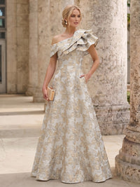 A-Line Mother Of The Bride Dresses Elegant Jacquard Floral Dress Floor Length With Shoulder Flower Short Sleeves One Shouldr Pocket Pink