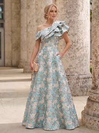A-Line Mother Of The Bride Dresses Elegant Jacquard Floral Dress Floor Length With Shoulder Flower Short Sleeves One Shouldr Pocket Pink