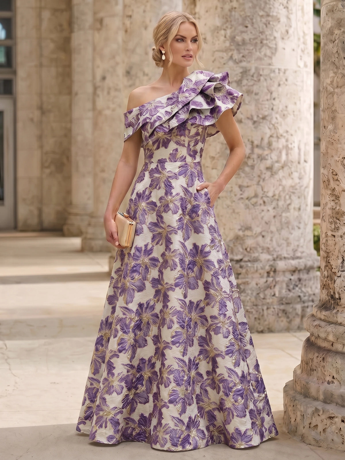 A-Line Mother Of The Bride Dresses Elegant Jacquard Floral Dress Floor Length With Shoulder Flower Short Sleeves One Shouldr Pocket Pink