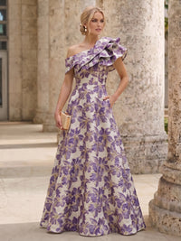 A-Line Mother Of The Bride Dresses Elegant Jacquard Floral Dress Floor Length With Shoulder Flower Short Sleeves One Shouldr Pocket Pink