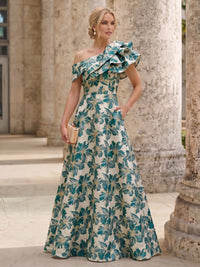 A-Line Mother Of The Bride Dresses Elegant Jacquard Floral Dress Floor Length With Shoulder Flower Short Sleeves One Shouldr Pocket Pink