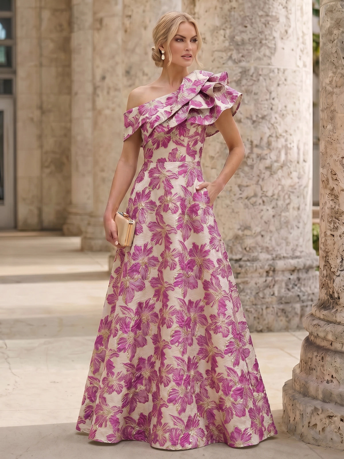 A-Line Mother Of The Bride Dresses Elegant Jacquard Floral Dress Floor Length With Shoulder Flower Short Sleeves One Shouldr Pocket Pink