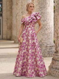 A-Line Mother Of The Bride Dresses Elegant Jacquard Floral Dress Floor Length With Shoulder Flower Short Sleeves One Shouldr Pocket Pink