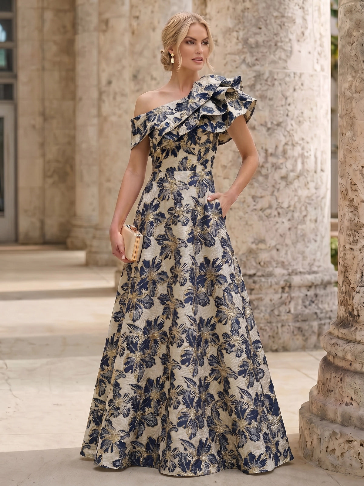 A-Line Mother Of The Bride Dresses Elegant Jacquard Floral Dress Floor Length With Shoulder Flower Short Sleeves One Shouldr Pocket Pink