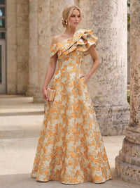 A-Line Mother Of The Bride Dresses Elegant Jacquard Floral Dress Floor Length With Shoulder Flower Short Sleeves One Shouldr Pocket Pink