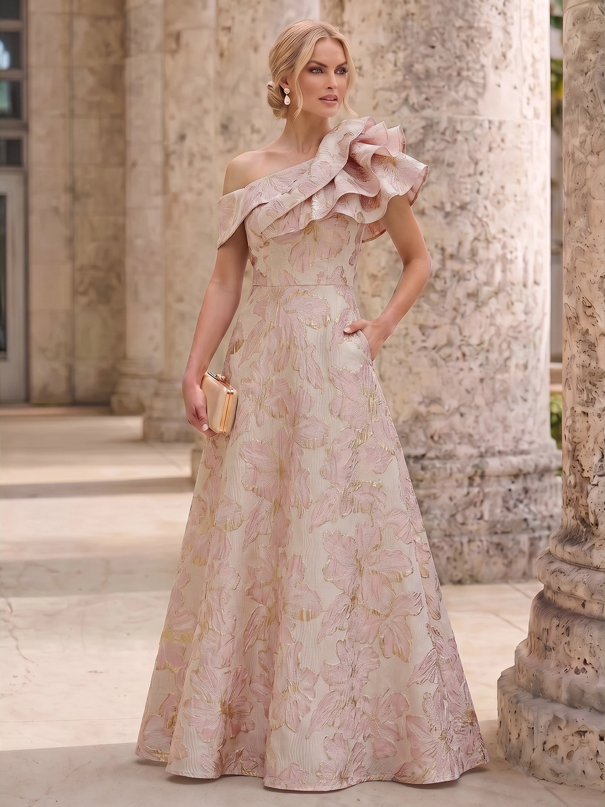 A-Line Mother Of The Bride Dresses Elegant Jacquard Floral Dress Floor Length With Shoulder Flower Short Sleeves One Shouldr Pocket Pink