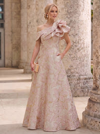 A-Line Mother Of The Bride Dresses Elegant Jacquard Floral Dress Floor Length With Shoulder Flower Short Sleeves One Shouldr Pocket Pink