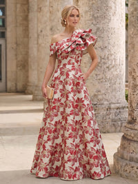 A-Line Mother Of The Bride Dresses Elegant Jacquard Floral Dress Floor Length With Shoulder Flower Short Sleeves One Shouldr Pocket Pink