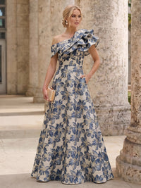 A-Line Mother Of The Bride Dresses Elegant Jacquard Floral Dress Floor Length With Shoulder Flower Short Sleeves One Shouldr Pocket Pink