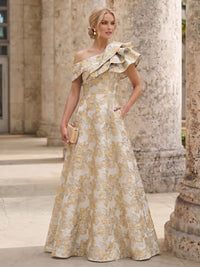 A-Line Mother Of The Bride Dresses Elegant Jacquard Floral Dress Floor Length With Shoulder Flower Short Sleeves One Shouldr Pocket Pink