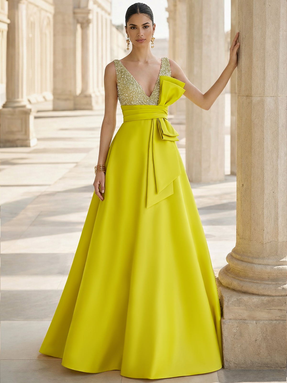 A-Line Formal Evening Dresses Floor-Length Deep V-Neck Elegant Formal Evening Gown with Bowknot Waistband&Sequins
