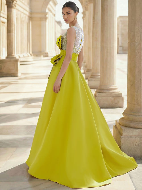 A-Line Formal Evening Dresses Floor-Length Deep V-Neck Elegant Formal Evening Gown with Bowknot Waistband&Sequins