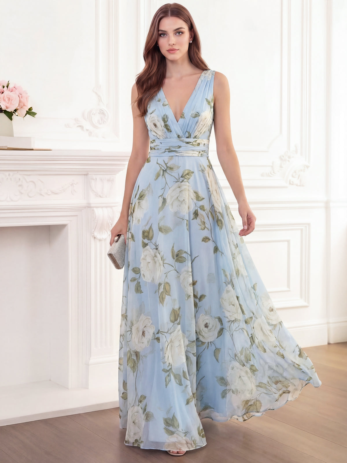 A-Line/Princesses Elegant Evening Dress Floral Formal Dress Floor Length Sleeveless V Neck with Ruched Wedding Guest