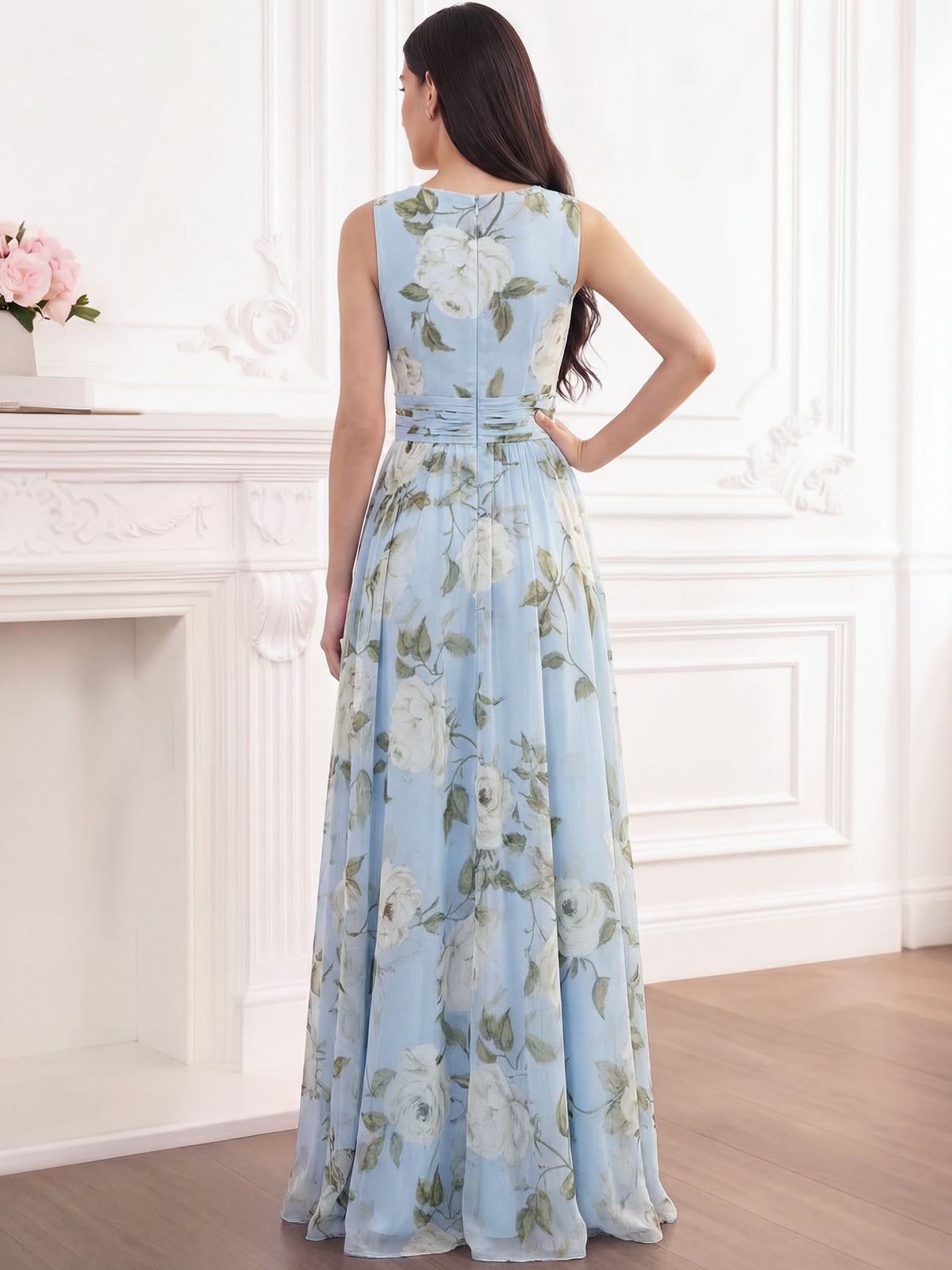 A-Line/Princesses Elegant Evening Dress Floral Formal Dress Floor Length Sleeveless V Neck with Ruched Wedding Guest