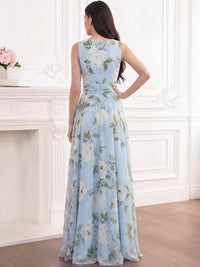 A-Line/Princesses Elegant Evening Dress Floral Formal Dress Floor Length Sleeveless V Neck with Ruched Wedding Guest