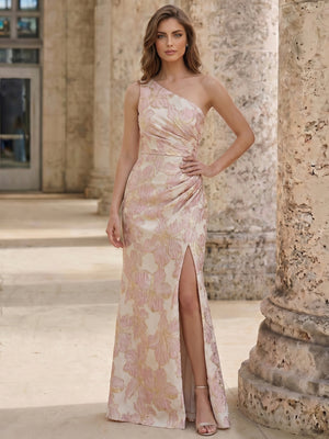 Sheath/Column Evening Dress Jacquard One-Shoulder Sleeveless Floor-Length Mother Of The Bride Dress With Side Split