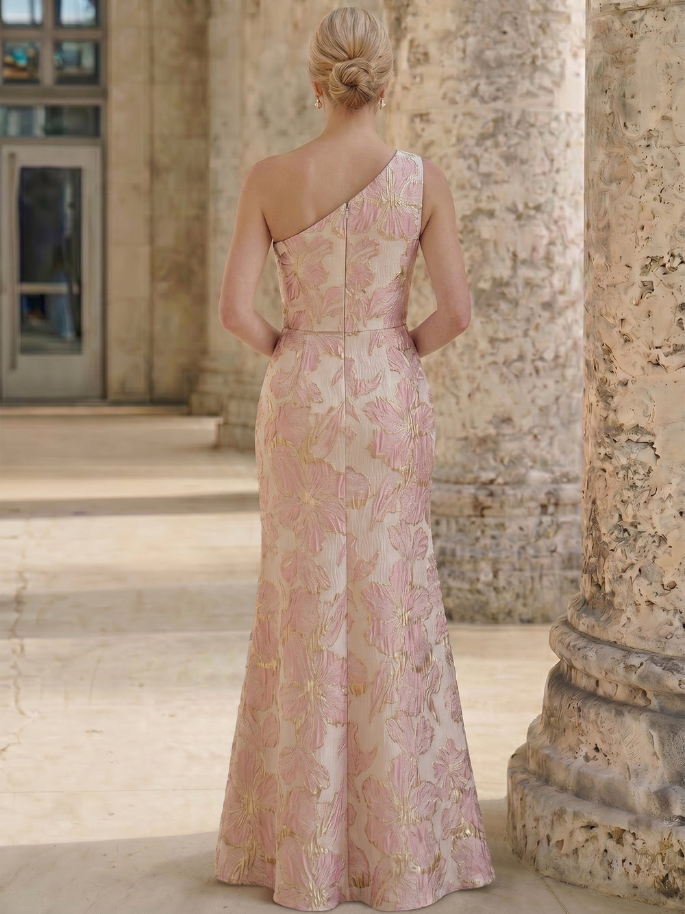 Sheath/Column Evening Dress Jacquard One-Shoulder Sleeveless Floor-Length Mother Of The Bride Dress With Side Split