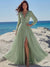 A-Line/Princess Chiffon Evening Dresses with V-Neck Long Sleeves Floor-Length Pleated Sage Dress