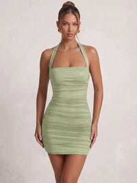 Sheath/Column Homecoming Dresses Satin Halter Sleeveless Short Zipper Ruched Party Dresses