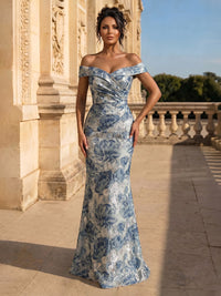 Mermaid Evening Dresses Elegant Floral Jacquard Off-The-Shoulder Short Sleeves Floor-Length Ruched Formal Dresses