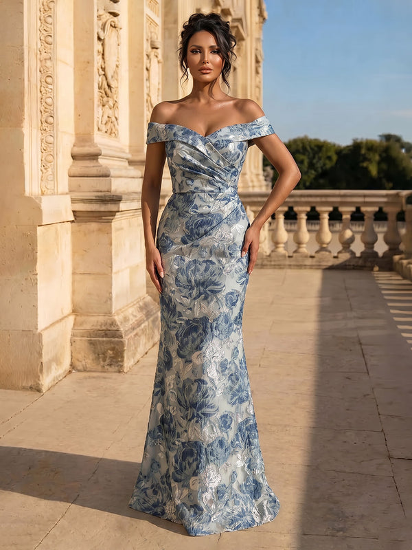 Mermaid Evening Dresses Elegant Floral Jacquard Off-The-Shoulder Short Sleeves Floor-Length Ruched Formal Dresses