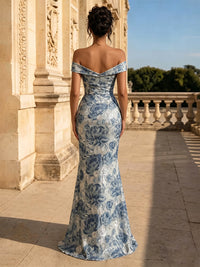 Mermaid Evening Dresses Elegant Floral Jacquard Off-The-Shoulder Short Sleeves Floor-Length Ruched Formal Dresses