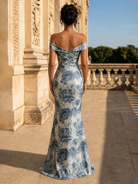 Mermaid Evening Dresses Elegant Floral Jacquard Off-The-Shoulder Short Sleeves Floor-Length Ruched Formal Dresses