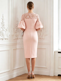 Sheath Mother Of The Bride Dresses Elegant Satin Lace Knee-Length Bateau Neck 1/2 Sleeves Formal Dresses Wedding Guest