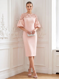 Sheath Mother Of The Bride Dresses Elegant Satin Lace Knee-Length Bateau Neck 1/2 Sleeves Formal Dresses Wedding Guest