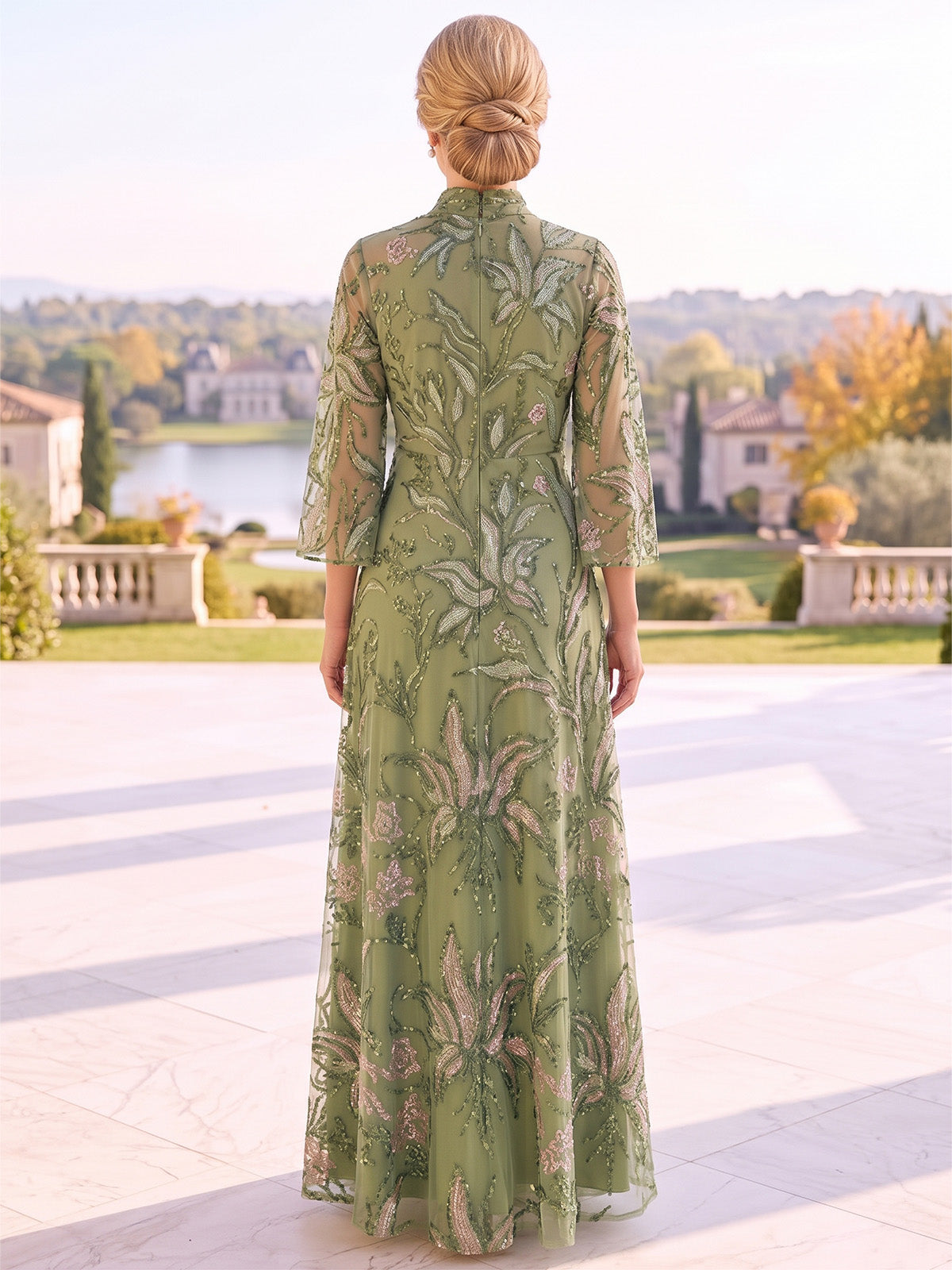 A-Line Mother Of The Bride Dresses Floral Sequins High Neck 3/4 Sleeves Floor-Length Illusion Bodice Zipper Evening Dress Wedding Guest