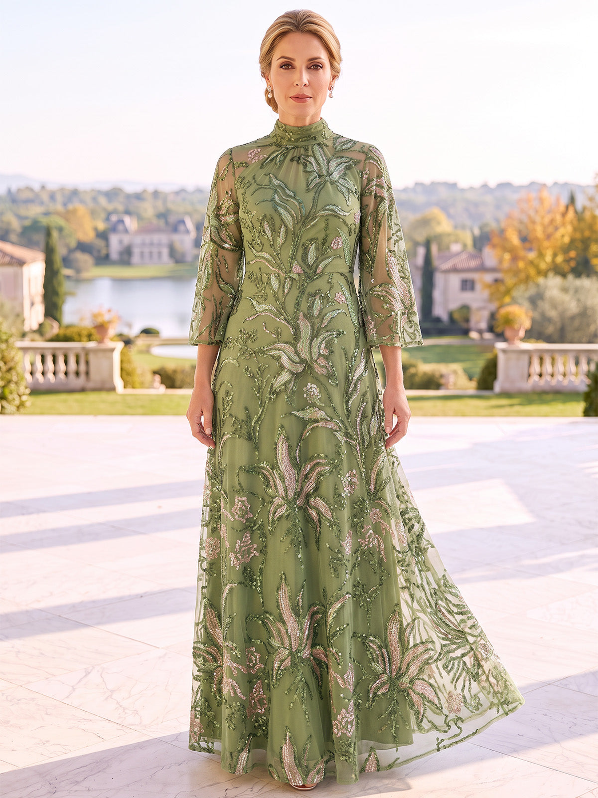 A-Line Mother Of The Bride Dresses Floral Sequins High Neck 3/4 Sleeves Floor-Length Illusion Bodice Zipper Evening Dress Wedding Guest