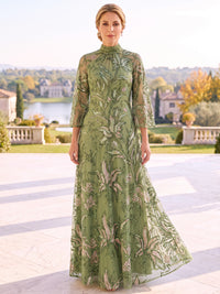 A-Line Mother Of The Bride Dresses Floral Sequins High Neck 3/4 Sleeves Floor-Length Illusion Bodice Zipper Evening Dress Wedding Guest
