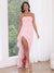 Sheath/Column Pink Ruched Prom Dress Strapless Sleeveless Floor-Length Glitter Satin With Side Split&Ruffles