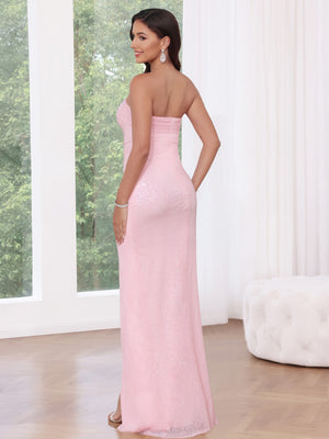 Sheath/Column Pink Ruched Prom Dress Strapless Sleeveless Floor-Length Glitter Satin With Side Split&Ruffles