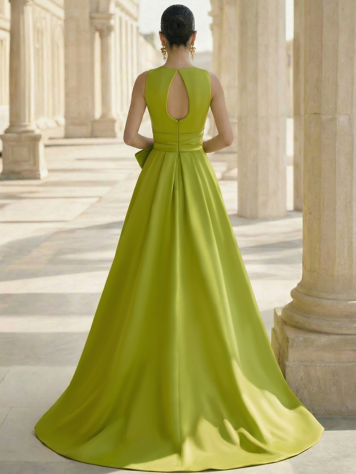 A-Line Formal Evening Dresses Satin Floor-Length Deep V-Neck Elegant Formal Evening Gown With Waistband&Overskirt