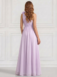 A-Line/Princess Evening Dresses One Shoulder Sleevesless Floor-Length Formal Gown with Shoulder Flower