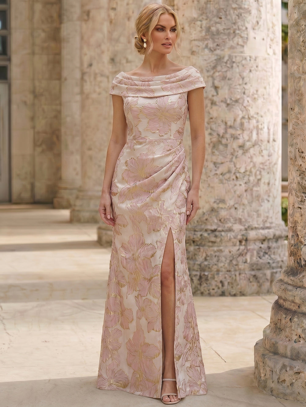 Sheath/Column Evening Dress Jacquard Pink A-Line Pleated Floral Dress Floor-Length Mother Of The Bride Dress With Side Split