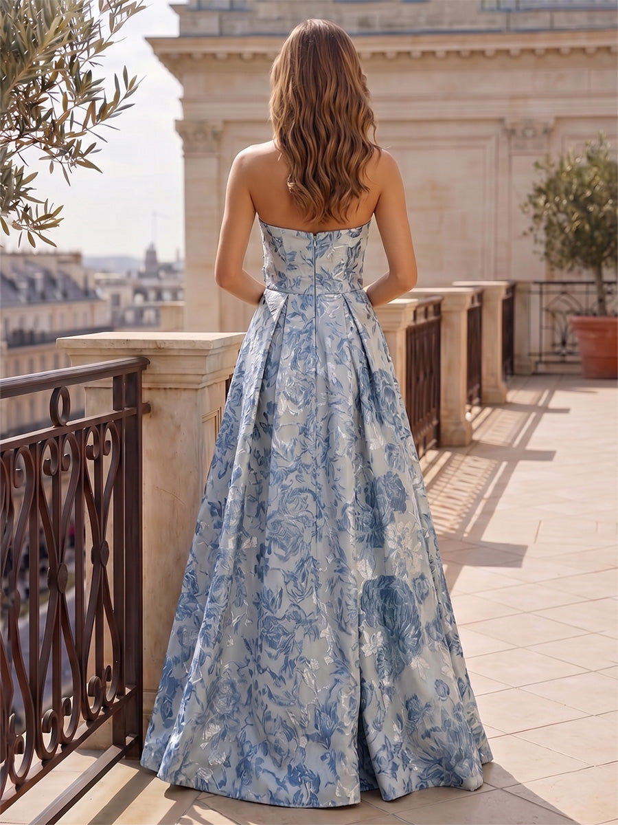 A-Line/Princess Evening Dresses Elegant Floral Jacquard Sweetheart Sleeveless Floor-Length Ruched With Bow Formal Dresses
