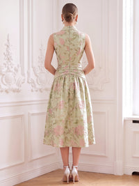 A-Line Mother Of The Bride Dresses Elegant Floral Jacquard V-Neck Tea-Length Sleeveless Ruched Zipper Wedding Guest