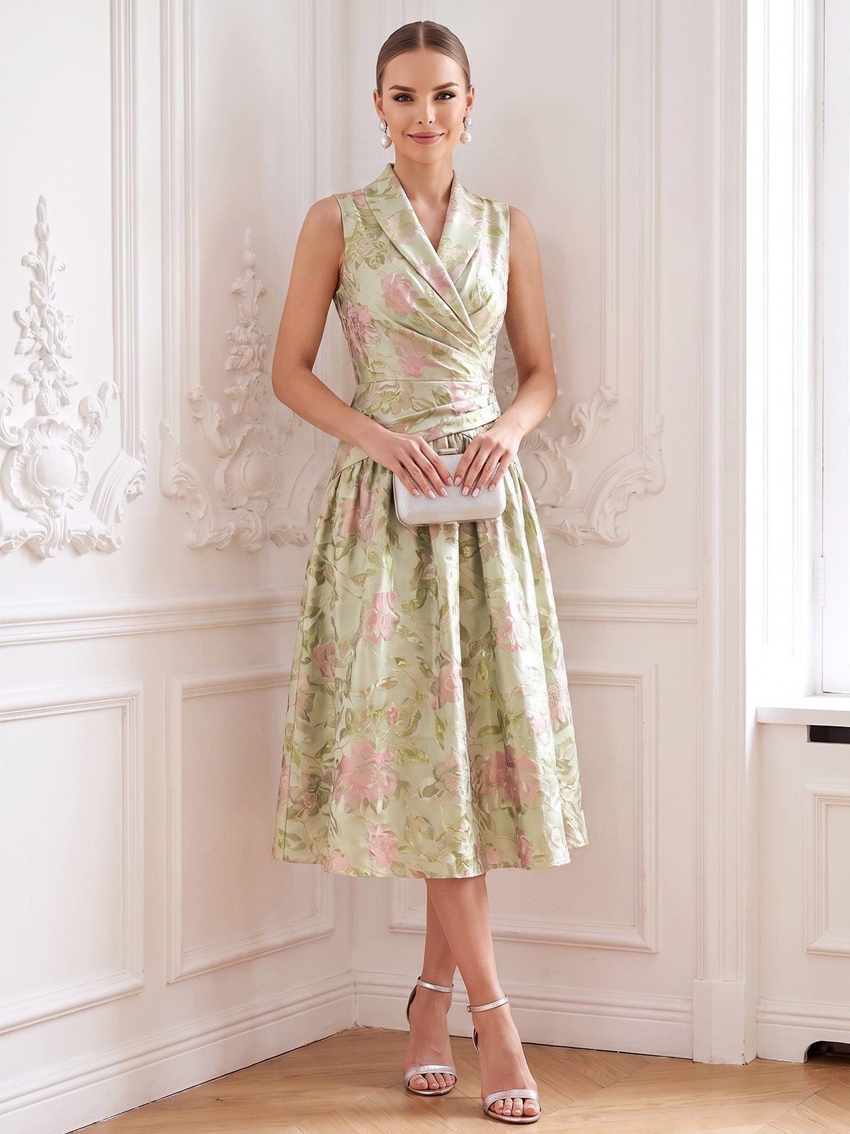 A-Line Mother Of The Bride Dresses Elegant Floral Jacquard V-Neck Tea-Length Sleeveless Ruched Zipper Wedding Guest
