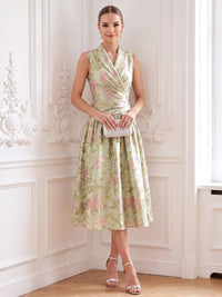 A-Line Mother Of The Bride Dresses Elegant Floral Jacquard V-Neck Tea-Length Sleeveless Ruched Zipper Wedding Guest
