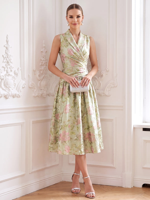 A-Line Mother Of The Bride Dresses Elegant Floral Jacquard V-Neck Tea-Length Sleeveless Ruched Zipper Wedding Guest